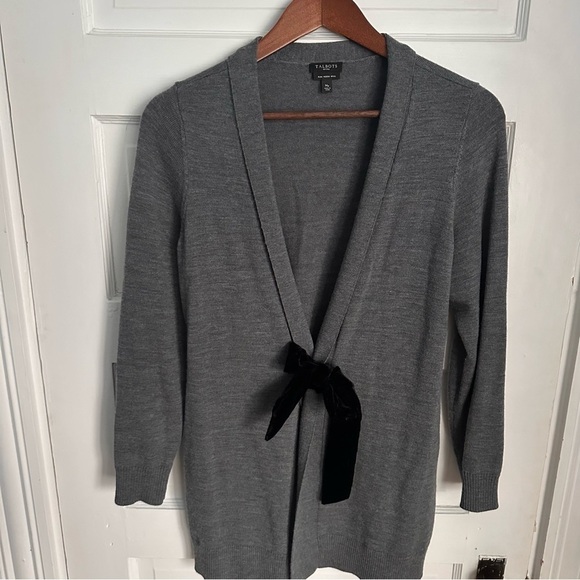 Talbots Merino Wool Cardigan Duster Sweater Top Velvet Tie Medium Petite Grey - Picture 2 of 8